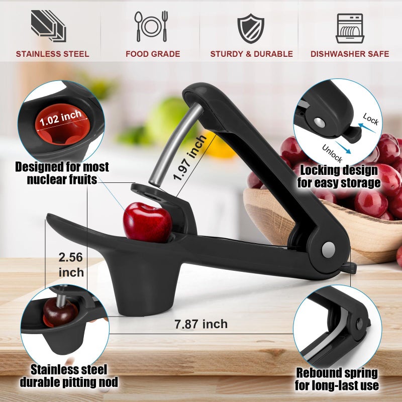SCHVUBENR Cherry Pitter Tool - Stainless Steel Cherry Corer Pitter with Ergonomic Push Design - Easy to Use for Making Cherry Jam - Pit Cherry with Ease  Saving Time & Space with Lock Design(Black) - Image 3